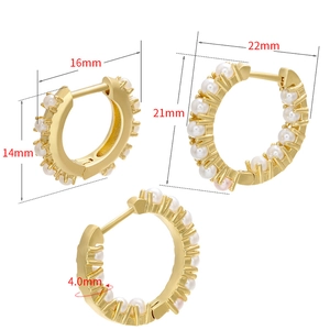 Golden micro-pave pearl hoop earrings in 14mm and 21mm sizes with hinged closure