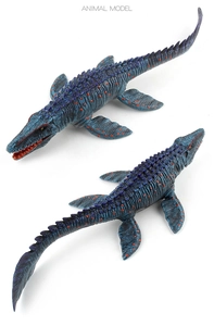 Detailed macro view of Mosasaurus model with realistic blue skin and orange dot patterns