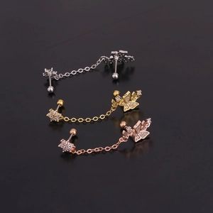 Three-piece stainless steel flower and butterfly ear piercing sets with zircon and chains