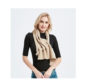 Detail of light khaki knitted scarf with hollow eyelet pattern and cross-loop closure
