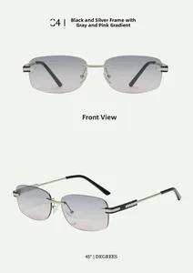 Detail view of rimless sunglasses with black silver frame and grey pink gradient lenses