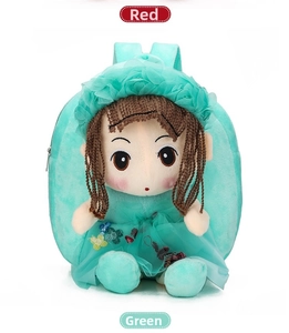 Detail of mint green plush cartoon girl backpack with floral dress and embroidery