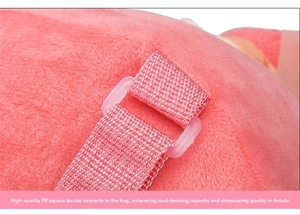 Close-up of durable PVP square buckle and pink canvas strap on cartoon plush backpack