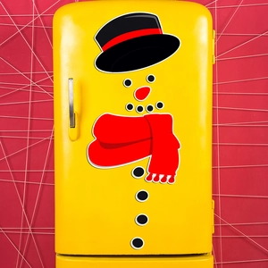 Christmas snowman magnetic stickers set displayed on a yellow fridge door for DIY holiday decor