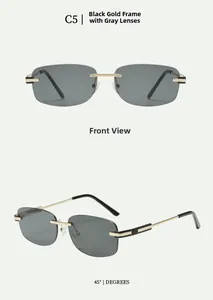 Detailed front and 45-degree view of frameless rectangular sunglasses in black and gold