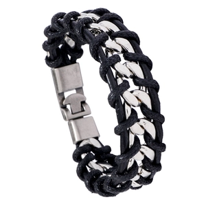 Mens black braided leather and silver metal chain bracelet with fold-over clasp
