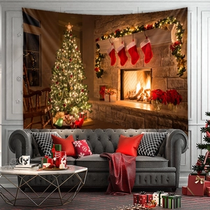 Detailed Christmas fireplace tapestry with holiday decorations for wall hanging