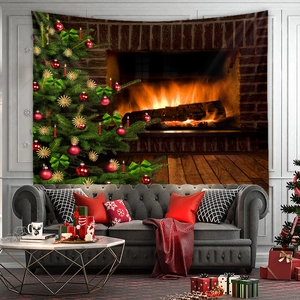 Detail of Christmas tapestry featuring a cozy fireplace and decorated tree scene