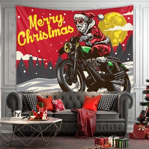 Detailed view of red Christmas tapestry showing cool Santa on motorcycle above a sofa