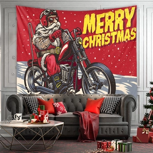 Close-up of retro Christmas wall tapestry featuring tattoo Santa on a red motorcycle