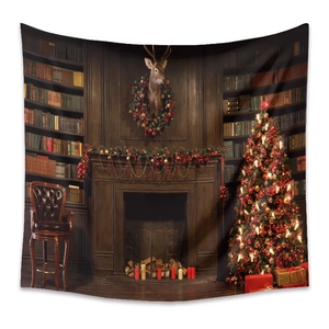Detail of Christmas tapestry featuring a vintage fireplace and decorated Xmas tree