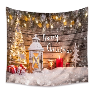 Detail of Christmas tapestry featuring glowing lights, cedar branches, and festive ornaments