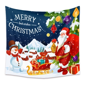Detail of Christmas tapestry featuring Santa and snowman in a snowy winter village scene