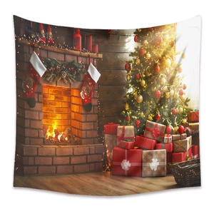 Close-up of Christmas tapestry featuring a warm fireplace and lit Xmas tree