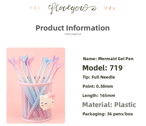 Detail of 0.38mm mermaid gel pen with pink gradient tail and fine needle tip