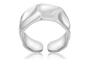 Macro shot of silver irregular wrinkled texture wide band ring with adjustable open design