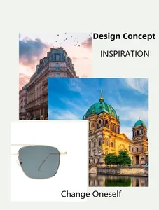 Détail de lunettes de soleil carrées en métal doré avec verres gris bleu et concept créatif