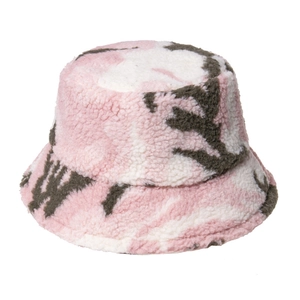 Winter plush camo bucket hat for men and women featuring warm faux fur in pink and green