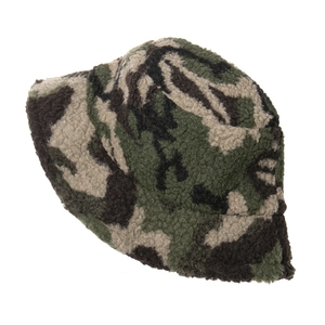 Detailed texture of camouflage faux lamb wool bucket hat in olive green and beige