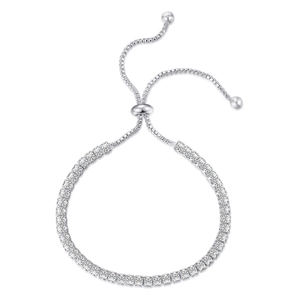 Close-up of adjustable silver bolo bracelet featuring 2.5mm square-cut cubic zirconia
