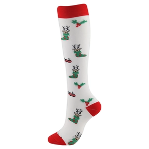 Christmas compression socks with reindeer and holly patterns in red and white