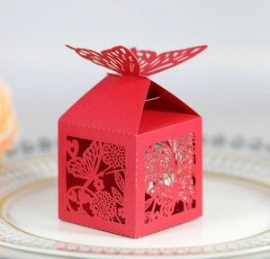 Detail of red laser-cut butterfly gift box featuring intricate floral hollow patterns