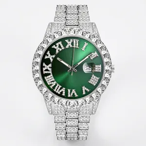 Luxury hip-hop watch with iced-out silver metal strap and sunray green dial with Roman numerals