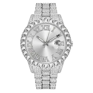 Luxury men's iced out quartz watch with red sunray dial and silver diamond bracelet