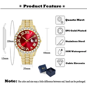 Detailed dimension guide for gold quartz watch with red dial and cubic zirconia stones