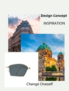 Detail of irregular gold metal sunglasses with vintage architecture inspiration graphics