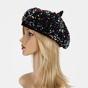 Sequin Beret Hat Glitter Artist Cap Party Fashion Warm Versatile For Women Winter Autumn Glamorous Shining Sparkly