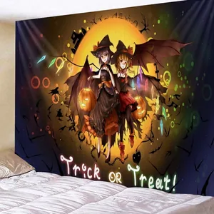 Halloween anime girl tapestry with pumpkin lantern and moon for dorm wall decor