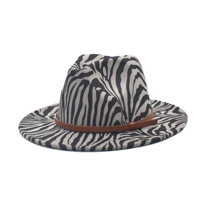 Zebra print wool fedora hat with wide brim and brown leather band decoration