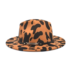 Detailed texture of leopard print wool felt fedora with a golden buckle leather band