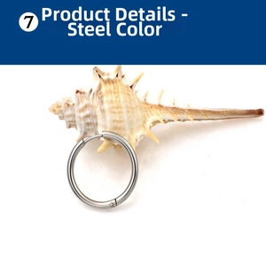 Detail view of steel color stainless steel hoop earrings placed on a conch shell