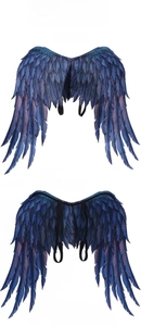 Front and back detail of blue-purple gradient feather wings with elastic straps