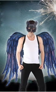 Detail of black feathered long beak mask and large blue purple gradient feather wings