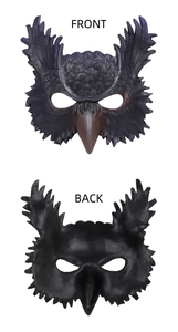Front and back detail of dark purple owl masquerade mask with realistic feather textures