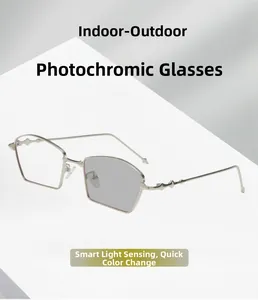 Detail view of irregular metal sunglasses with photochromic lenses in indoor and outdoor light