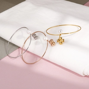 Minimalist stainless steel clover and pearl open bangles in gold silver and rose gold