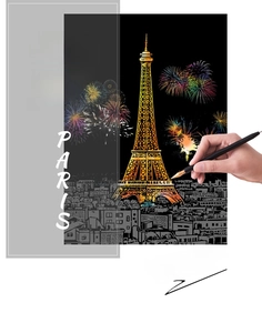 Detail der Paris Nacht-Kratzbilder mit goldenem Eiffelturm und speziellem Kratzstift