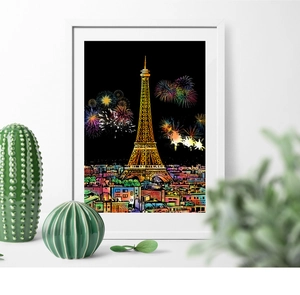 Gerahmtes A4-Kratzbild der Pariser Eiffelturm-Nachtszene als farbenfrohe Heimdekoration