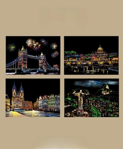Set mit 4 Kratzbildern mit leuchtenden Wahrzeichen wie der Londoner Tower Bridge bei Nacht