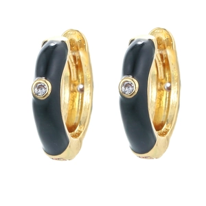 U-shaped gold earrings with black enamel and sparkling zircon stone settings