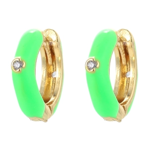 U-shaped neon green enamel gold hoop earrings with sparkling cubic zirconia stone center