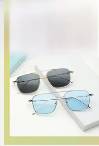 Détails de deux lunettes de soleil carrées en métal avec double pont et branches ondulées