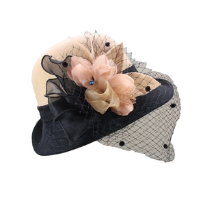 Elegant wool felt cloche hat with vintage mesh veil and pink flower for women