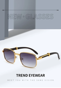 Macro detail of square metal sunglasses featuring purple gradient lenses and gold frame