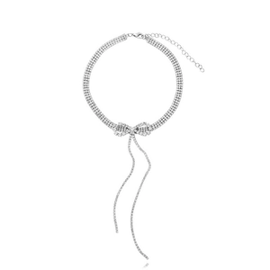 Silver bowknot tassel choker necklace with triple row crystal rhinestones for women