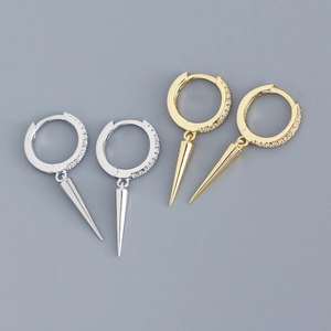 925 Sterling Silver Dangle Hoop Earrings With Cubic Zirconia Micro Pave Spike Cone Pendant Punk Minimalist For Women
